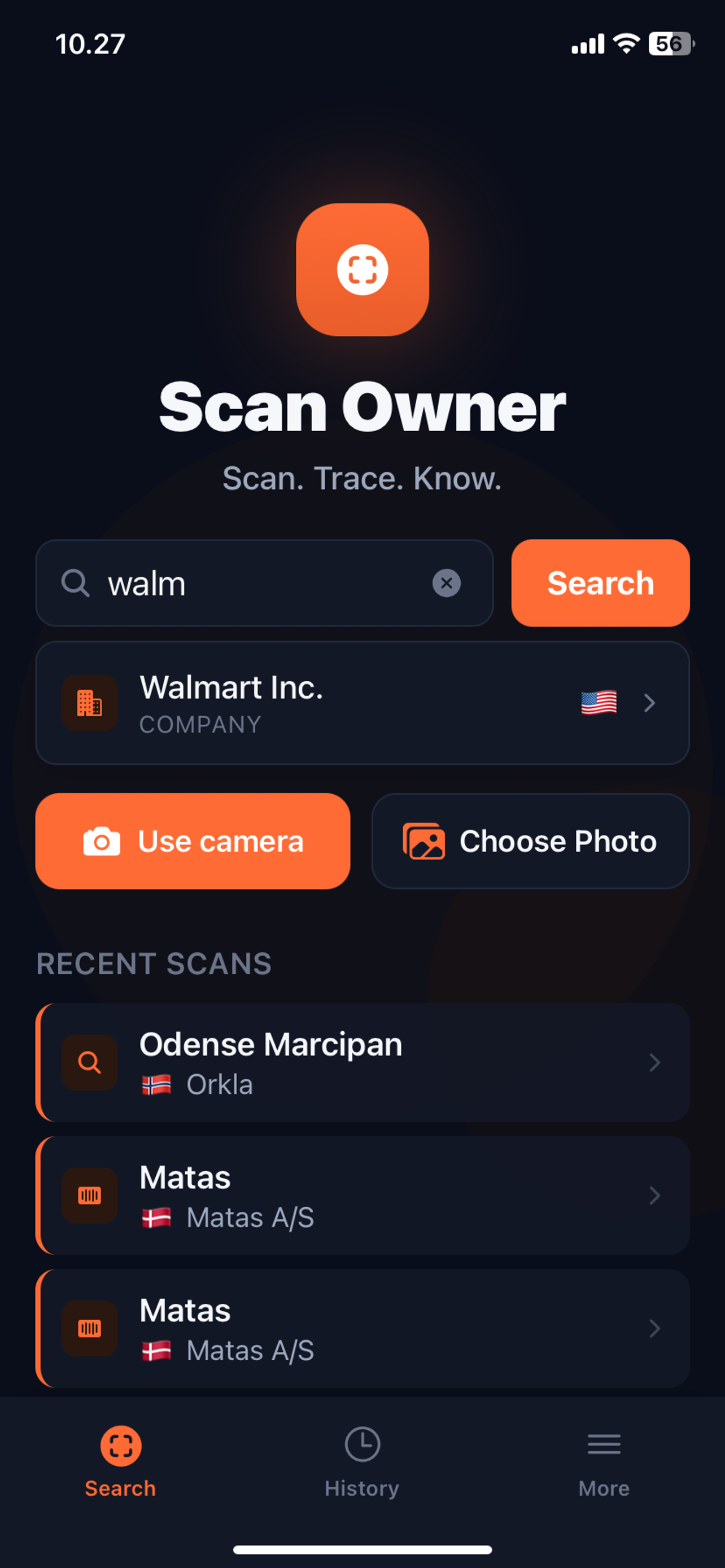 ProduktInfo hovedskærm